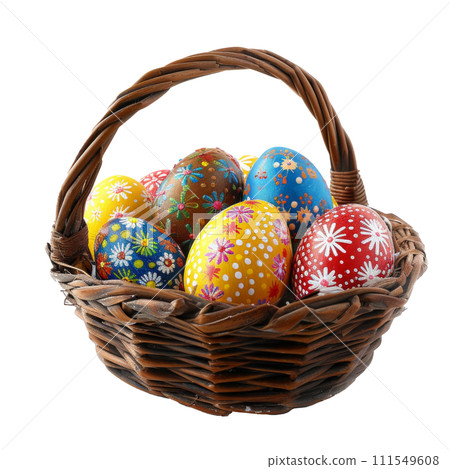 Basket with vivid Easter eggs close up isolated 111549608