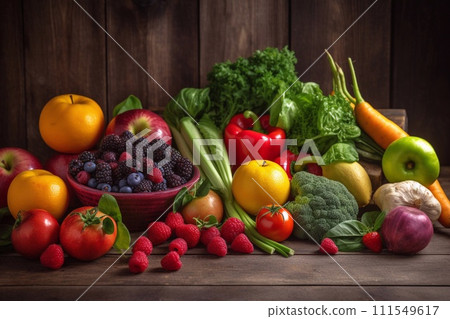 Harvest of fresh vegetables on wooden background. Top view. 111549617