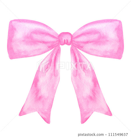Decorative pink bow with long ribbon. Accessory little girl. Hand drawn watercolor illustration isolated on white background. For gender reveal party, baby shower, children's design 111549637