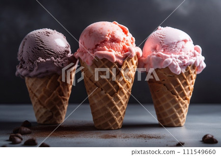 Set of various ice cream scoops in waffle cones isolated on white background Set of various ice cream scoops in waffle cones isolated on white background 111549660