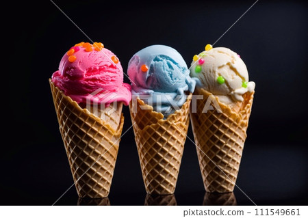 Various ice-cream scoops on dark background with assorted balls ice-cream in waffles. Various ice-cream scoops on dark background with assorted balls ice-cream in waffles. 111549661