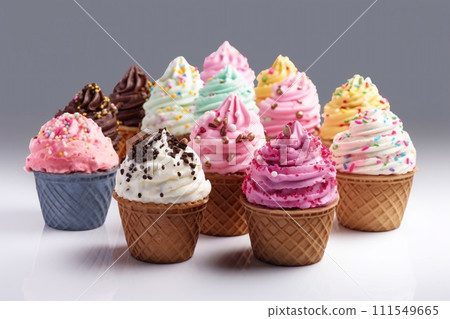 Various ice-cream scoops with assorted balls icecream in waffles. Various ice-cream scoops with assorted balls icecream in waffles. 111549665