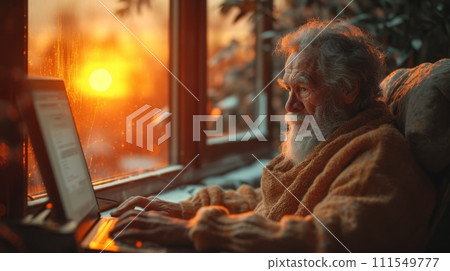 Portrait of an elderly man working at home at a computer near the window at sunset.  111549777