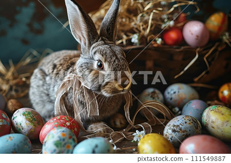 AI-generated content. Playful bunny with a ribbon around its neck, surrounded by a variety of Easter eggs and a small kulich. AI-generated content. Playful bunny with a ribbon around its neck, surrounded by a variety of Easter eggs and a small kulich. 111549887