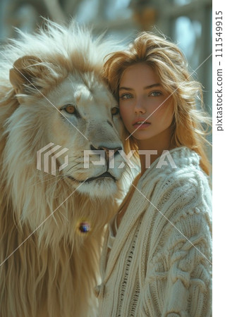 Beautiful fashionable young woman with a beautiful big lion 111549915