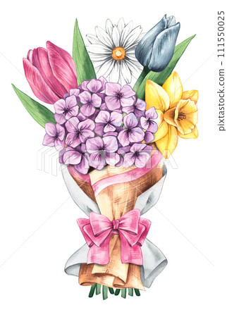 Watercolor spring bouquet with tulip, hydrangea, daffodil in paper packaging 111550025
