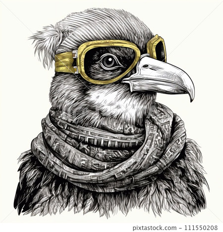 Vintage monochrome illustration of eagle wearing aviator helmet and scarf Vintage monochrome illustration of eagle wearing aviator helmet and scarf 111550208