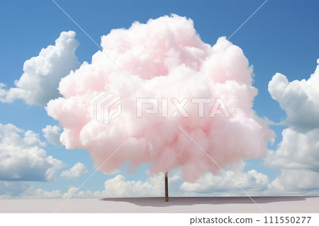 A whimsical pink cloud hovers above a tranquil salt flat, with a lone chimney piercing through, contrasting surrealistically against blue sky 111550277