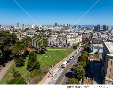 Aerial view of the famous view of San Francisco at Alamo Square CA, USA 111550278