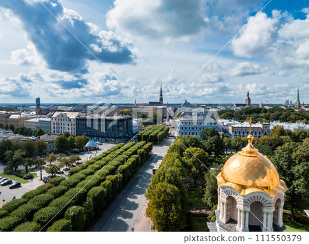 Beautiful aerial Riga view from above. Panoramic view of the Riga old town, the capital of Latvia. 111550379