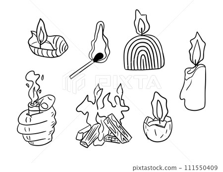 Doodle hand drawn set with candles and campfire. Black sketchy outline items related to fire on white background. Ideal for coloring pages, tattoo, pattern 111550409