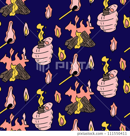 Seamless pattern with match, hand and campfire. Camping lifestyle concept. Flat hand drawn elements and lights. Unique print design for textile, wallpaper, wrapping, background Seamless pattern with match, hand and campfire. Camping lifestyle concept. Flat hand drawn elements and lights. Unique print design for textile, wallpaper, wrapping, background 111550411