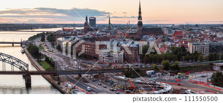 Beautiful aerial Riga view from above. Panoramic view of the Riga old town, the capital of Latvia. 111550500