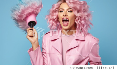 A vibrant woman with pastel pink hair uses a hairdryer, her hair blowing wildly, against a blue background, wearing a pink jacket, looking animated and joyful 111550521