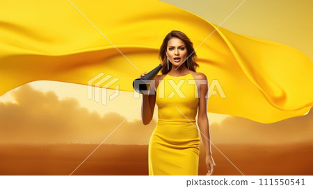 A woman in a yellow dress stands confidently with a megaphone, a flowing yellow fabric in the background against a golden backdrop A woman in a yellow dress stands confidently with a megaphone, a flowing yellow fabric in the background against a golden backdrop 111550541