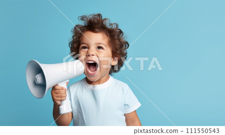 A joyful child shouts into a megaphone against a blue background, his expression one of excitement and fun A joyful child shouts into a megaphone against a blue background, his expression one of excitement and fun 111550543