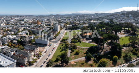 Aerial view of the famous view of San Francisco at Alamo Square CA, USA 111550595