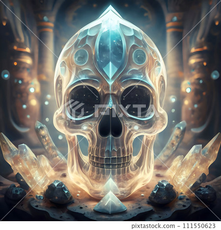 mystery crystal quartz skull of energy around golden lightning background in ancient temple. fantasy spiritual concept. Ai generated mystery crystal quartz skull of energy around golden lightning background in ancient temple. fantasy spiritual concept. Ai generated 111550623
