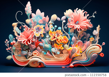 Abstract flowers on podium in the style of naturalistic color palette and rococo still lifes, flower and nature motifs, Abstract flowers on podium in the style of naturalistic color palette and rococo still lifes, flower and nature motifs, 111550758