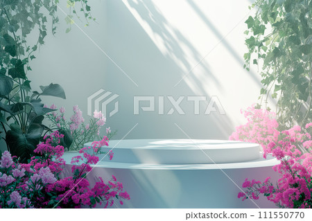 3d render, abstract minimal scene with geometrical forms, podiums, palm leaves, flowers on a blue background. 111550770