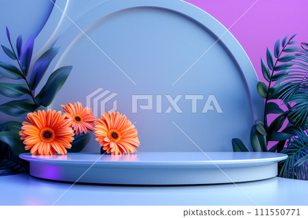 3d render, abstract minimal scene with geometrical forms, podiums, palm leaves, flowers on a purple background. 111550771
