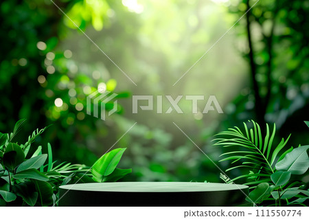 Cylinder podium for product demonstration on green background with nature elements like leaves, plants and flowers 111550774
