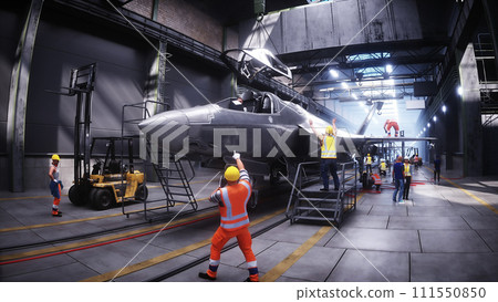 Production of military fighter jet f 35 at the factory. Military factory weapon. 3d rendering. 111550850