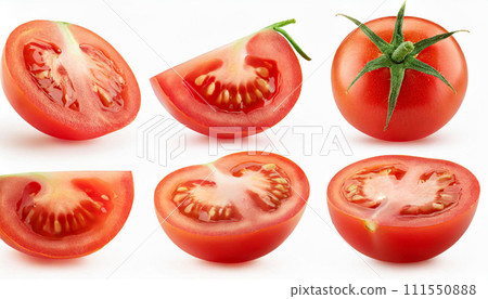 Tomato slices with basil and peppercorns isolated on white background. Clipping path and full depth of field. Top view. Flat lay 111550888