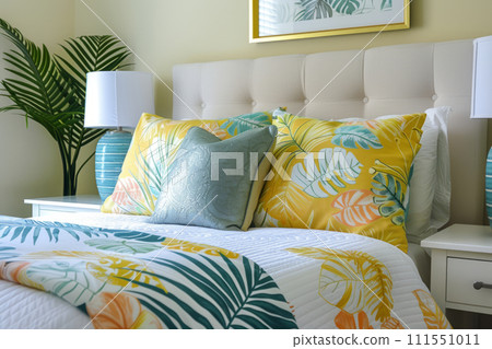 Bedroom accessories with tropical print. Tropical patterned bedding. Generative AI 111551011