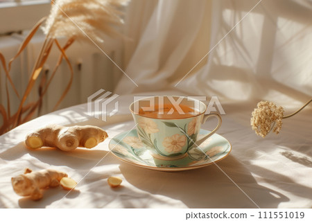 Ginger tea in ceramic cup with ginger root on sunny light background. Generative AI 111551019