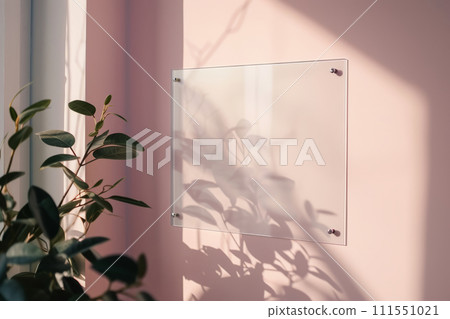 Blank transparent glass signboard on wall mockup. Empty hanging plexiglass name plate mockup. Clear namesign on wall for corporate or store. Generative AI illustration. Generative AI Blank transparent glass signboard on wall mockup. Empty hanging plexiglass name plate mockup. Clear namesign on wall for corporate or store. Generative AI illustration. Generative AI 111551021
