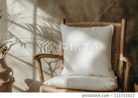 Rattan chair with white cushion in bohemian style living room. Generative AI 111551022