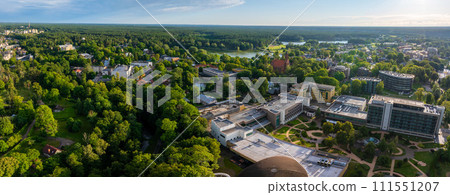 Aerial panoramic view of Lithuanian resort Druskininkai. Druskininkai in autumn colours, drone picture of multi coloured trees in most beautiful city of Druskininkai in Lithuania 111551207