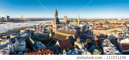 Beautiful aerial Riga view from above. Panoramic view of the Riga old town, the capital of Latvia. 111551236