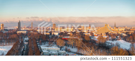 Aerial view of the winter over Riga. Beautiful winter day in Riga. 111551323