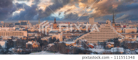 Aerial view of the National Library in Riga. Modern architecture in Latvia. Aerial view of the National Library in Riga. Modern architecture in Latvia. 111551348