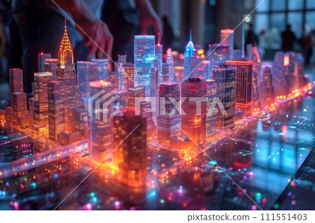 a hologram of the buildings of a large city on the table. The concept of a smart city 111551403