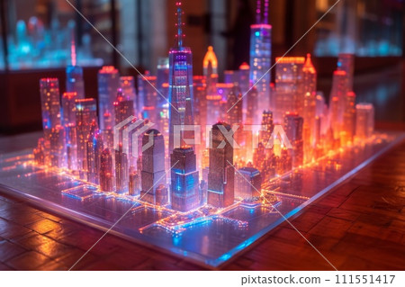 a hologram of the buildings of a large city on the table. The concept of a smart city 111551417