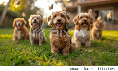 Portrait of a group of Jack Russell dogs in summer on a green lawn Portrait of a group of Jack Russell dogs in summer on a green lawn 111551469