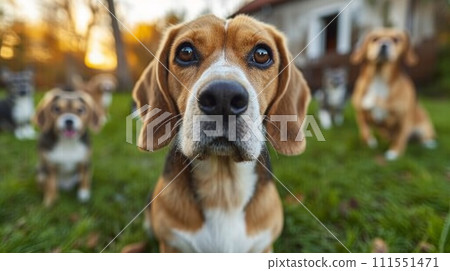 Portrait of a beagle dog in summer on a green lawn Portrait of a beagle dog in summer on a green lawn 111551471