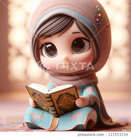 AI-generated content. Quran Reading, Delighted 3D Animated Girl in Islamic Garb 111551534