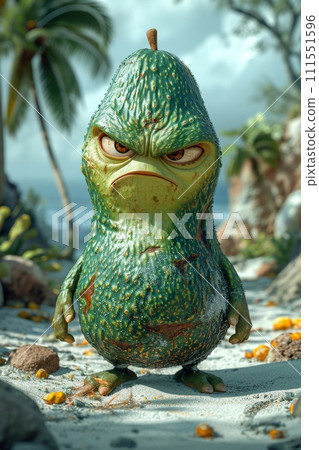 The evil avocado supervillain standing on a tropical beach, 3D illustration 111551596