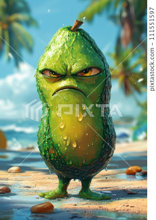 The evil avocado supervillain standing on a tropical beach, 3D illustration 111551597