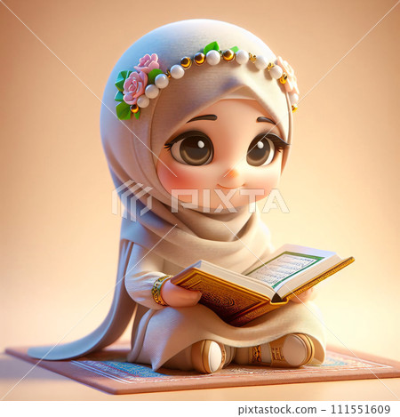 AI-generated content. 3D Animated Girl, Smiling, Reads Quran in Islamic Garb 111551609