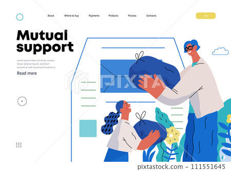 Mutual Support Giving clothes to donation bins -modern flat vector concept illustration of people placing bags of clothes into drop-off box A metaphor of voluntary, collaborative exchanges of resource 111551645
