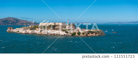 Aerial view of the prison island of Alcatraz in San Francisco Bay, Alcatraz jail in San Francisco bay aerial view. Beautiful aerial view of the Alcatraz island with Golden Gate bridge. 111551723