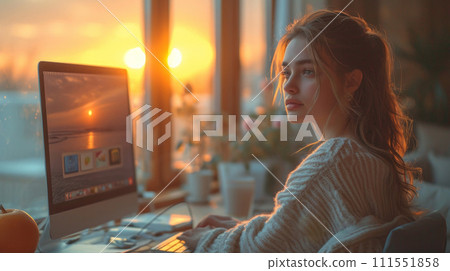 Portrait of a young girl working at home 111551858