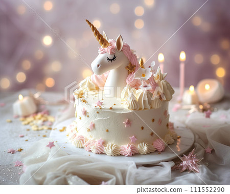 Cake with unicorn and candles on a background of bokeh 111552290