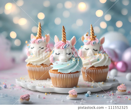 Cupcakes with unicorn and sprinkles on bokeh background 111552325