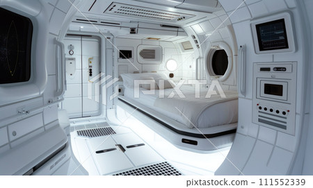 Spaceship living room white interior, design of habitat in starship or home on alien planet. Inside futuristic spacecraft, compartment with bed. Concept of space, technology, future 111552339
